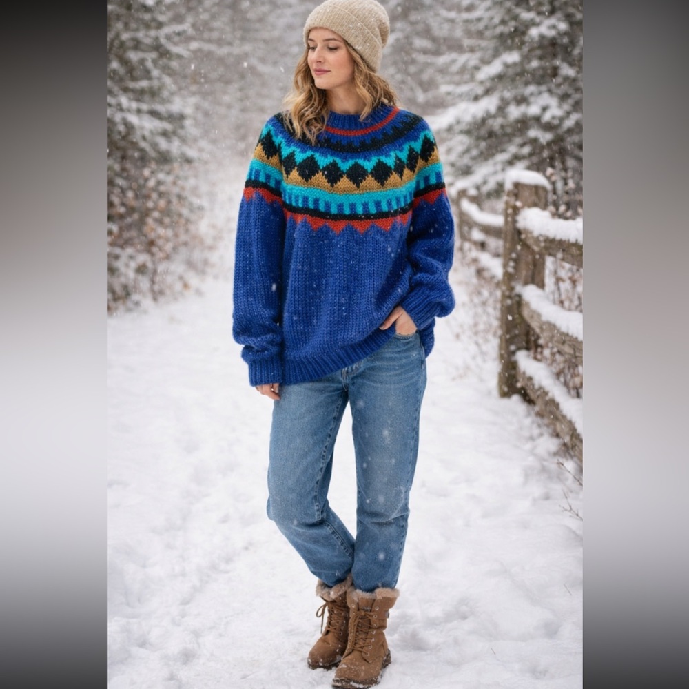 VTG Chunky Fair Isle Sweater Nordic Ski Cozy Oversized Knit Blue Multicolor  M
